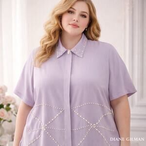 Diane Gilman 100% Silk Pearl Stud Button Blouse  2X Coquette Y2K Lavender Pastel